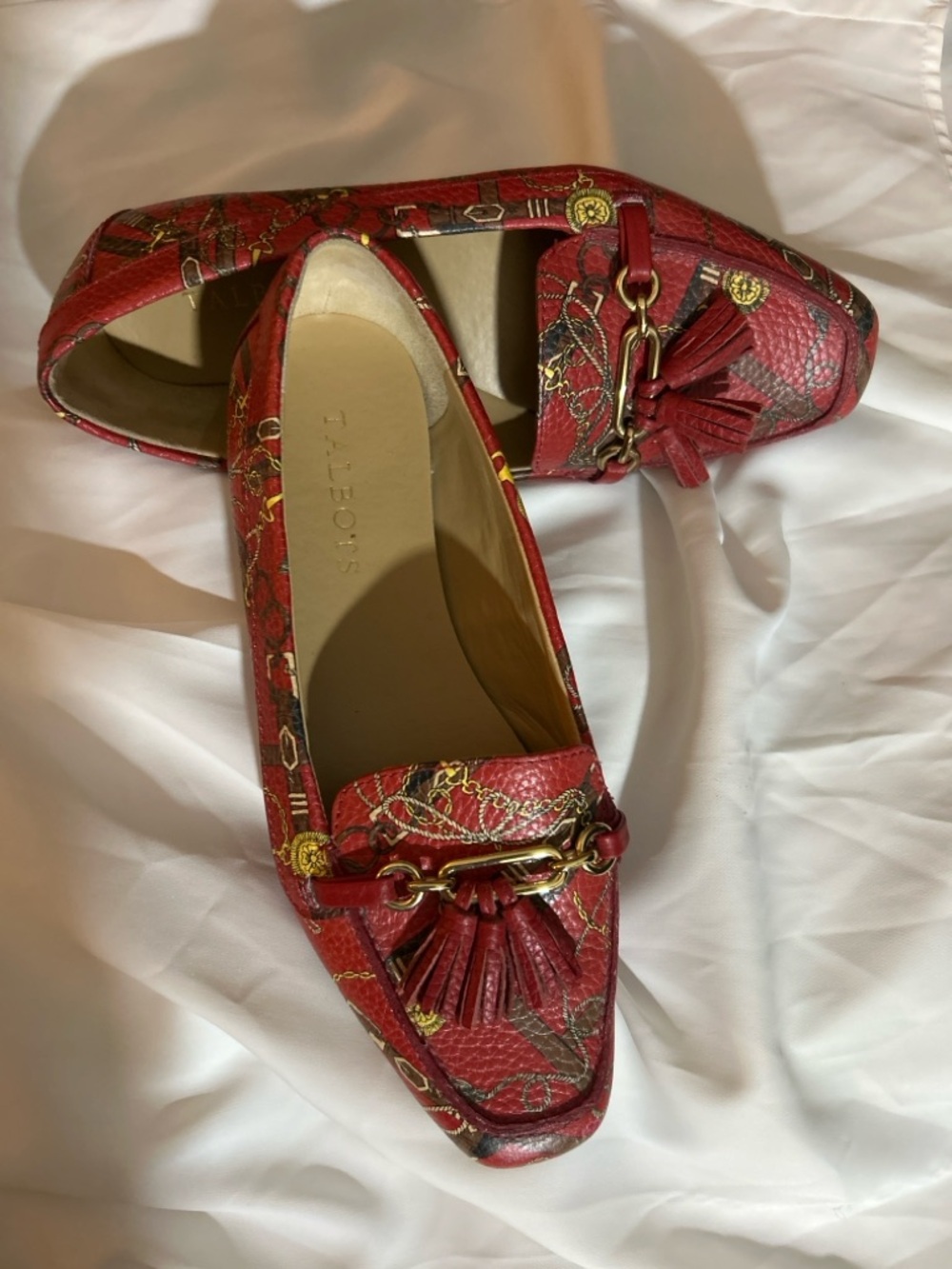 Talbots Red Chain-Print Tassel Loafers with Gold Hardware